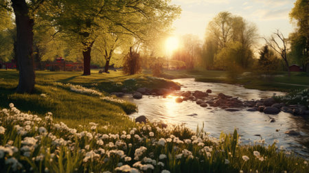 a screenshot of a serene pastoral scene featuring a stream in the spring. the image is rendered in the style of vray tracing, showcasing light hues of white and light amber. reminiscent of the danish golden age, this landscape-focused shot is finely detailed, accurate, and captures the beauty of nature. ai generatedの素材