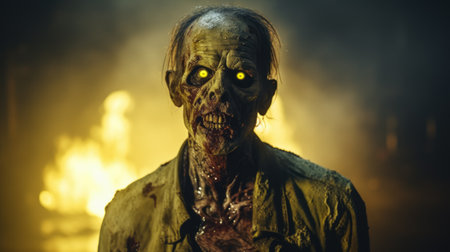 zombies in the style of rudolf ernst's frequent use of yellow, face forward to confront humans in a dramatic still life with realistic lighting. captured with a canon eos 5d mark iv by olive cotton, this full-body image showcases the burned and charred appearance of the zombies in a zombie apocalypse scenario. ai generatedの素材