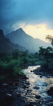 a stunning uhd image captures a beautiful mountain in the distance, showcasing the artistic style of wet-on-wet blending reminiscent of joel robison's work. the scene exudes a mysterious jungle vibe, with depictions of inclement weather adding to its allure. this captivating landscape, reminiscent of ursula von rydingsvard's art, is brought to life using the powerful cryengine technology. ai generatedの素材
