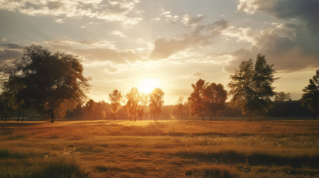 sunset landscape in the park, featuring a soft and dreamy atmosphere. this stunning 8k resolution photograph captures the beauty of the light amber and silver hues. taken by renowned photographer august friedrich schenck, this national geographic photo showcases the mesmerizing allure of nature at its finest. ai generatedの素材