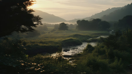 the sun illuminates the majestic mountains, creating a picturesque scene reminiscent of the english countryside. the flowing silhouettes and romantic riverscapes capture the essence of rural subject matter. this stunning national geographic photo, taken with a contax ii camera and the samyang af 14mm f/2.8 rf lens, showcases the beauty of nature in all its glory. ai generatedの素材