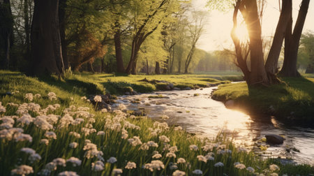 a mesmerizing scene of sunlight filtering through a lush green forest, adorned with vibrant daffodils. this stunning image captures the essence of a romantic riverscape, showcasing the incredible realism and hyper-detailed renderings reminiscent of unreal engine 5. the pastoral beauty of this scene is truly breathtaking. ai generatedの素材