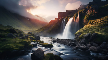 a stunning ultra high-resolution photograph captures the breathtaking beauty of a sunrise at a magnificent waterfall. the mountains are adorned with clouds, and the morning mist creates enchanting godrays. this epic scene, captured with a wide-angle lens on a hasselblad camera, exudes a magical atmosphere. ai generatedの素材