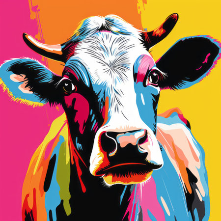 a vibrant pop art illustration of a cow, featuring a diverse color palette and strong facial expression. this 32k uhd painting showcases multi-layered color fields, reminiscent of advertising art. the composition is filled with bold and colorful elements, creating a visually captivating artwork. ai generatedの素材