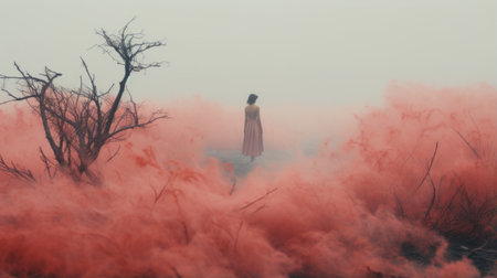 a woman stands in a field as red smoke cascades from the sky, creating a surrealistic atmosphere. this portrait, inspired by japanese photography and australian tonalism, showcases a blend of light pink and dark gray tones. the image captures the essence of romanticized depictions of wilderness and dreamlike environments, all in stunning 8k resolution. ai generatedの素材