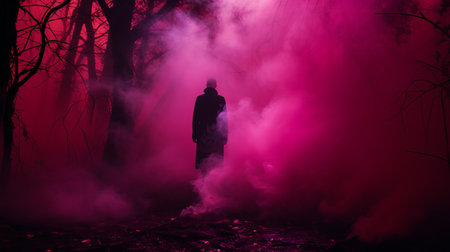 a man wearing a mask stands amidst a pink fog, creating a mysterious and nocturnal atmosphere. this conceptual installation art showcases elements of woodland goth and site-specific installations. the scene is characterized by a combination of light black and crimson hues, saturated colors, and dramatic movement. ai generatedの素材