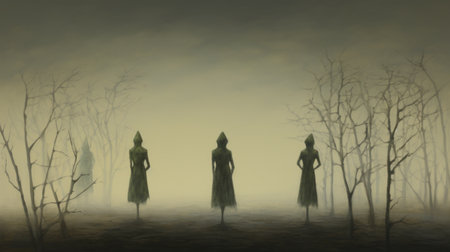 three little girls, resembling misty and mysterious forms, elegantly walk through the dark green woods. this eerie symbolism in the realistic renderings of their human forms creates a captivating and conceptual art piece. ai generatedの素材