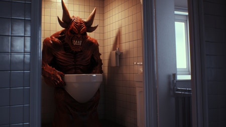the devil character toilet bowl, rendered in unreal engine, showcases a unique blend of norwegian nature, gritty reportage, and sci-fi realism. with a tenebrous atmosphere and chilling creatures, this unreal engine 5 creation brings an eerie and captivating visual experience. ai generatedの素材