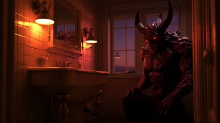 the bathroom features a unique decor with vibrant lights, intricate demon motifs, and a sleek sink. inspired by the artistic styles of zbrush, frank thorne, mike campau, cinestill 50d, kerem beyit, the color palette of red and bronze creates a captivating dragoncore ambiance. ai generatedの素材