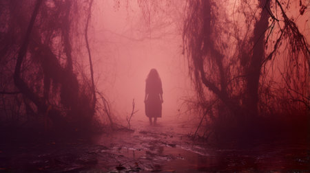 witches and ghosts wallpapers featuring claire-obscure lighting, red and pink hues, capturing the essence of new american documentary photography. this ethereal landscape evokes the atmosphere of a horror film, taken with a nikon d750, resulting in a captivating and haunting image. ai generatedの素材