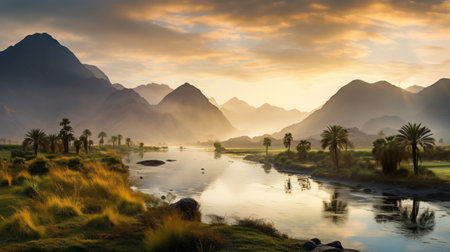 a stunning sunrise over a picturesque oasis, captured in ultra high resolution. majestic mountains adorned with clouds, and ethereal godrays piercing through the morning mist, create a truly magical and epic atmosphere. this breathtaking image was taken using a wide angle lens on a hasselblad camera. ai generatedの素材