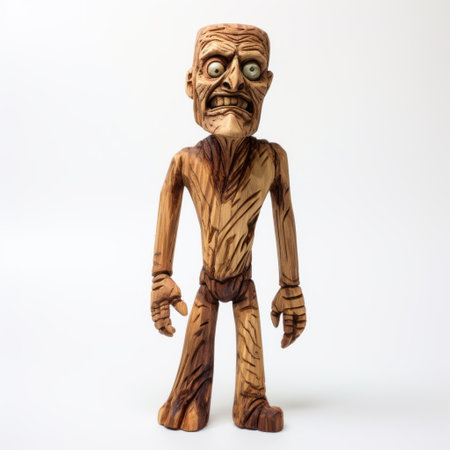 a wooden monster with a green hand and face, crafted in the style of the american studio craft movement. this edgy caricature showcases a full body design, reminiscent of gritty horror comics. the intricate carving and wandering eye add depth to its tangible texture. ai generatedの素材