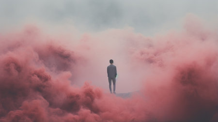 a man stands alone in an ethereal and otherworldly atmosphere, surrounded by a cloudy white and pink background. the dark gray and red tones create a soft mist that adds to the whimsical and playful scene. this large-scale photograph captures colorful explosions and monochromatic imagery, merging fantasy and reality. ai generatedの素材