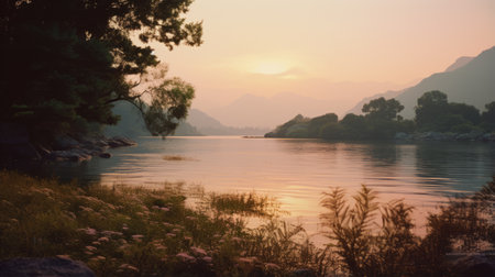 a photo of a nature scenery featuring the majestic rocky mountains, reminiscent of the tang dynasty style. the vibrant colors of light violet and orange create a romantic atmosphere, complementing the serene riverscapes. captured with a nikon fm2 and tokina at-x 11-16mm f/2.8 pro dx ii lens, this image showcases a serene and nature-inspired scene with a captivating atmospheric perspective. ai generatedの素材