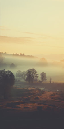 sunrise filters through the fog, casting a mesmerizing glow on the trees in a field. this captivating photo captures the essence of layered and atmospheric landscapes, evoking a sense of nostalgia for rural life. the warm hues of light magenta and amber add to the enchanting ambiance. with its aerial perspective and sepia tone, this image transports you to mountainous vistas and romantic dramatic landscapes.の素材