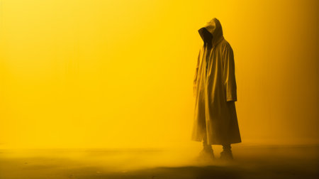 a person stands under a glow in the dark foreground, surrounded by mist in a dystopian art style. the photograph captures a theatrical atmosphere with its dark yellow and light gray tones. the image showcases the distinctiveness of the character and the gritty ambiance, reminiscent of color photography pioneers. ai generatedの素材