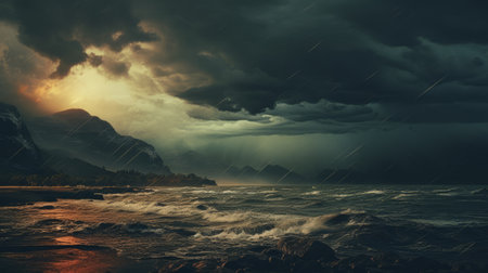 stormy clouds loom ominously over a vast ocean, creating a dramatic scene reminiscent of epic fantasy landscapes. the dark yellow and dark emerald hues add to the intensity, while the rim light highlights the contours of the clouds. this captivating image, captured with a sigma 105mm f14 dg hsm art lens, draws inspiration from terragen and the artistic vision of beeple. ai generatedの素材