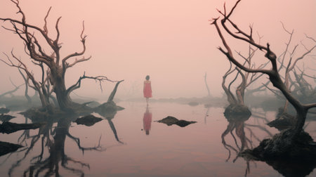 a woman stands in a surreal dreamlike landscape, surrounded by a still body of water. the image, captured by raphael lacoste, features a whimsical wilderness with hues of light red and light pink. this uhd image draws inspiration from the works of theodor kittelsen and tami bone, creating a mesmerizing and ethereal scene. ai generatedの素材