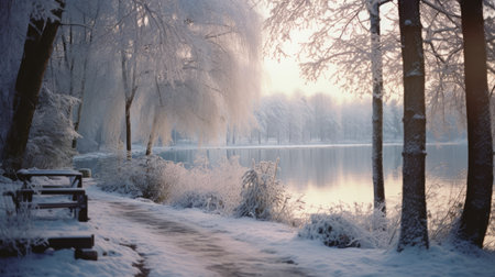 a winter hd wallpaper capturing the essence of the season. this photo, taken with ektachrome film, showcases dutch landscapes with a romanticized touch. the dreamy and romantic atmosphere is enhanced by the zeiss batis 18mm f2.8 lens. the white and bronze tones create luminous reflections, making it a captivating winter scene. ai generatedの素材