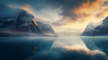 a stunning sunrise over a picturesque fjord, captured in ultra high resolution. the majestic mountains are adorned with clouds, creating a mesmerizing scene. sunrays pierce through the morning mist, adding a touch of enchantment to the atmosphere. this breathtaking image was taken with a wide angle lens on a hasselblad camera, ensuring every detail is beautifully preserved. ai generatedの素材