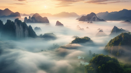 a stunning ultra high-resolution photograph captures the breathtaking beauty of a karst formation at sunrise. the mountains are adorned with clouds, creating a mesmerizing scene enhanced by godrays piercing through the morning mist. this magical and epic atmosphere is expertly captured using a wide-angle lens on a hasselblad camera. ai generatedの素材