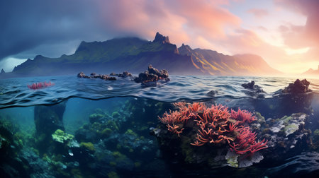 underwater scene featuring a vibrant coral reef and majestic mountains, captured in the style of jessica rossier. the image showcases a harmonious blend of light orange and magenta hues, reminiscent of the artistic works of sven nordqvist. this stock photo is perfect for advertising photography and embodies the beauty of traditional landscapes. it offers a panoramic scale and is available under the creative commons attributionの素材