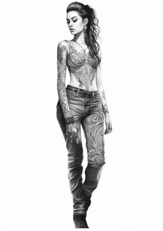 a hand-drawn, hyper-realistic and detailed rendering of a woman in jeans and tattoos. the drawing showcases a trace monotone style, with intricate and intricate details. the gothcore and carnivalesque elements add a unique touch to the overall composition. the amber color palette enhances the realistic feel of the artwork. ai generatedの素材