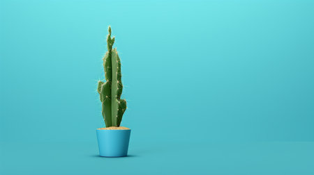 a high-resolution 3d view of a cactus in a blue planter, set against a minimalist blue background. created using zbrush, this image showcases a sparse background and features a light green cactus. ai generatedの素材