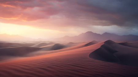 a stunning ultra high-resolution photograph capturing the breathtaking beauty of a sunrise over a magnificent dune. the mountains are adorned with clouds, and the morning mist creates enchanting godrays. this epic scene is captured with a wide-angle lens on a hasselblad camera, resulting in a truly magical atmosphere. ai generatedの素材