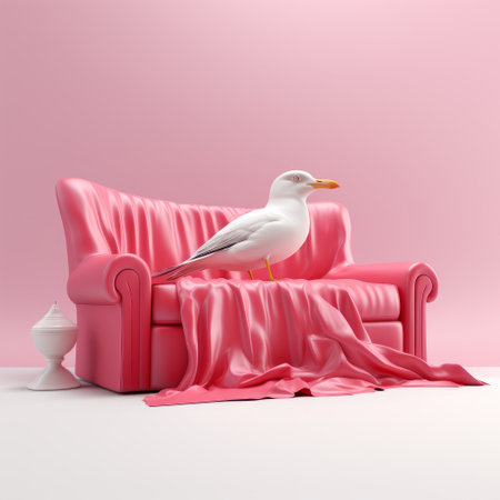 pink sofa with a white seagull perched on it, showcasing photorealistic accuracy and surrealistic poses. the flowing fabrics add a touch of pigeoncore aesthetic to the scene, while the overall composition remains crisp, clean, and unembellished. ai generatedの素材