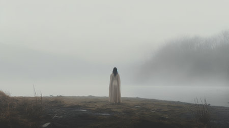 a female figure, dressed in victorian-era clothing, stands by a fog-covered lake. the ethereal horror style of the photo, with its synthetism-inspired elements, creates a quietly morbid atmosphere. the 8k resolution captures every detail, while the contrasting dark white and light white tones add to the eerie ambiance. the scene hints at the presence of supernatural creatures. ai generatedの素材