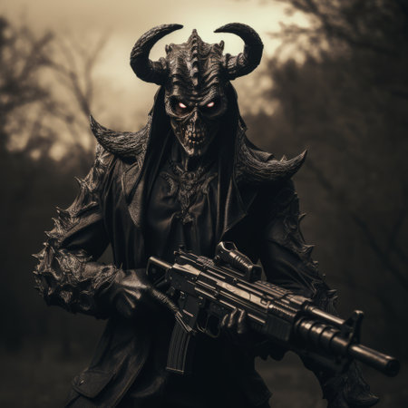 an evil demon helmet with horns and a gun is captured in this photographically detailed portrait. the image showcases the intricate details of the helmet and the menacing presence it exudes. the dark and foreboding landscapes add to the overall atmosphere, while the post-processing enhances the dark black and beige tones. ai generatedの素材