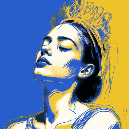 a digital drawing of emily, inspired by cecil beaton, features a crown on her head. the drawing, created on a wacom tablet, showcases expressive lines reminiscent of matisse's style. with a touch of blue, the fine-tip pen drawing in white and yellow captures emily looking over her shoulder. this artwork is rendered in super-resolution, uhd quality, making it visually stunning. ai generatedの素材
