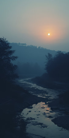 the photo captures the sky above the river, showcasing a hazy and dreamlike quality. shot on kodak plus-x film, it exudes a himalayan art vibe with contrasting lights and darks. the image beautifully combines environmental awareness and portraiture, depicting the essence of rural life. ai generatedの素材
