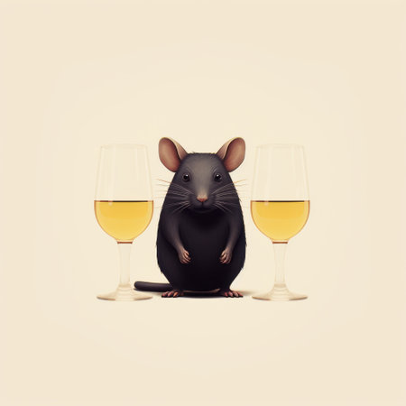 a black rat is depicted alongside two glasses of wine in this detailed character illustration. the artwork showcases minimal retouching and draws inspiration from the luminous 3d objects of adrianus eversen. the style also incorporates elements reminiscent of akira toriyama's work, known for witty and clever cartoons. the overall color palette leans towards a beige tone. ai generatedの素材