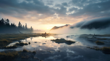 a stunning sunrise over a captivating swamp, captured in ultra high resolution. the mountains are adorned with clouds, while godrays pierce through the morning mist, creating a truly magical and epic atmosphere. this breathtaking image was taken with a wide angle lens on a hasselblad camera, ensuring every detail is beautifully preserved. ai generatedの素材