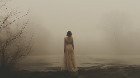 a lady walks through a foggy, dark day, surrounded by a haunting atmosphere. the photograph, inspired by the artistic styles of brooke shaden and kate van suddese, captures the essence of trapped emotions and gothic morbidness. the color palette of dark beige, light amber, and hints of dark white adds to the romantic riverscape depicted in the image. ai generatedの素材