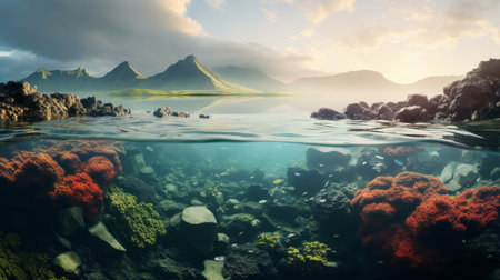 a stunning photo captures the beauty of a tuesday sunset over the icelandic nature, showcasing the ocean and corals. the image is rendered in a realistic and hyper-detailed style, reminiscent of intricate underwater worlds. created using unreal engine, this environmental portraiture showcases mist and a shallow depth of field, all inspired by the environment. ai generatedの素材