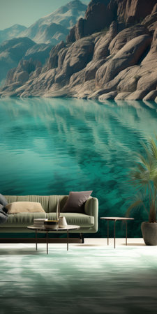 an oasis wallpaper featuring a calming and introspective aesthetic. the dark green and light aquamarine colors create a soothing atmosphere. this webcam photograph captures the beauty of an oasis with its dark turquoise water and light brown surroundings. the mountainous vistas add a touch of serenity to the juxtaposed imagery, reminiscent of the swiss style. ai generatedの素材