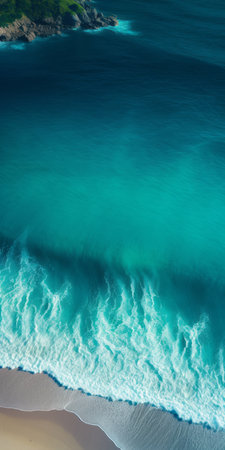 a beach wallpaper featuring calming and introspective aesthetics. the image showcases a serene beach with crystal clear water, surrounded by dark green and light aquamarine hues. captured through webcam photography, the scene is enhanced by the contrasting colors of dark turquoise and light brown. the mountainous vistas in the background add a touch of juxtaposed imagery, reminiscent of the swiss style. ai generatedの素材