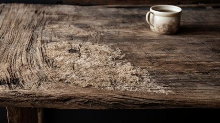 a photo of a coffee in a wooden cup with distressed and weathered surfaces, showcasing rough edges and intricate texture. the image is captured in 8k resolution, highlighting the raw materials used. the soft mist adds an ethereal touch to the overall composition, reminiscent of the artistic style of mat collishaw. ai generatedの素材