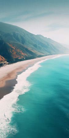 aerial view of a desert mountain range and beach at dusk, captured from a helicopter. this realistic landscape photograph showcases soft, tonal colors and naturalistic ocean waves. the atmosphere is dreamy and atmospheric, reminiscent of the work of photographer ray collins. the earth tone color palette, including shades of cyan and azure, adds to the dreamlike quality of this nature scene. ai generatedの素材