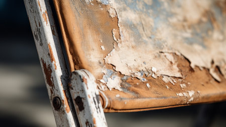 a rusty coloured chair with peeling paint on the metal, featuring a white and beige style. the close-up shots capture the chair's large-scale canvas impact, showcasing the dark beige and sky-blue unprimed canvas. the photograph was taken using fujifilm provia, highlighting the use of fabric in the composition. ai generatedの素材