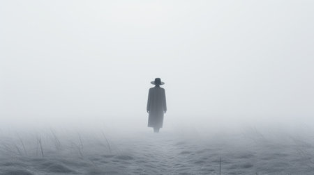 a person walks through foggy weather on a path in a field, reminiscent of the style of animated film pioneer. the scene exudes a mysterious and quietly morbid atmosphere, with elements of cowboy imagery. the composition is characterized by minimalist objects and intriguing bibliographic anomalies. the color palette is predominantly light, with contrasting shades of white and black. ai generatedの素材
