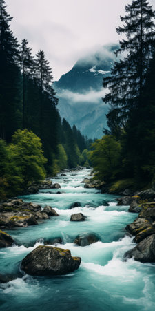 a river wallpaper featuring calming and introspective aesthetics. the river water flows gracefully, surrounded by dark green and light aquamarine hues. this captivating image, captured through webcam photography, showcases the beauty of nature with its dark turquoise river and light brown mountainous vistas. the juxtaposed imagery creates a serene and captivating swiss-style scene. ai generatedの素材