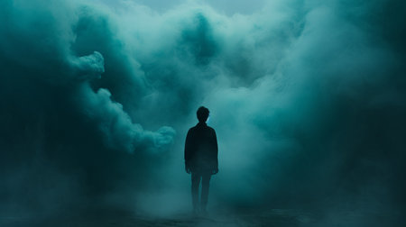 a man stands in silhouette against a backdrop of floating clouds, creating a captivating image with a blend of light teal and dark black hues. the mist-like clouds add an element of mystery and psychological terror to the scene, while the smokey background enhances the overall ambiance. this high-resolution 8k photograph is perfect for album covers and evokes the aesthetic of darkest academia. ai generatedの素材