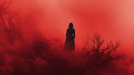 a red horizon fills the screen in this captivating wallpaper stock photo. the image features a woman stalking through a dense fog, reminiscent of the style of dorothea tanning. with elements of a movie poster, the scene exudes a burned and charred atmosphere, evoking the dark and chaotic world of the brothers grimm. this uhd image pays homage to the enigmatic mary anning. ai generatedの素材