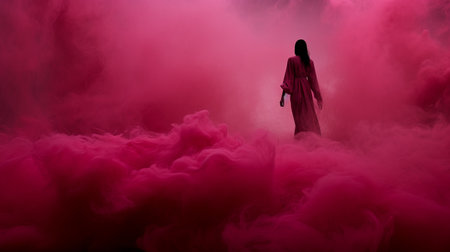 a girl with pink makeup gracefully walks through a dreamlike sky filled with pink clouds. this ethereal scene, reminiscent of davide sorrenti's style, is created using mist and incorporates elements of miyamoto musashi's philosophy. the conceptual installations add depth to the dark crimson hues and monochromatic color scheme, while flowing fabrics enhance the overall enchanting atmosphere. ai generatedの素材