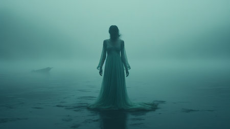 a woman stands alone on a mist-covered lake, embodying the eerie beauty of macabre romanticism. the scene is bathed in light teal and light green hues, capturing trapped emotions within its southern gothic-inspired ambiance. this hauntingly elegant photograph, reminiscent of nell dorr's work, showcases the power of unreal engine 5 to create a captivating visual experience. ai generatedの素材