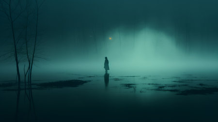 a stunning 8k resolution photo from dark lands featuring simplistic vector art style. the combination of light yellow and dark cyan creates a captivating visual contrast. the characters exude psychological depth, while the translucent water adds an ethereal touch. the pensive stillness captured in this photo perfectly embodies the essence of halloween. ai generatedの素材